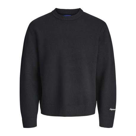 Pull noir uni en maille fine avec une coupe droite et un col rond