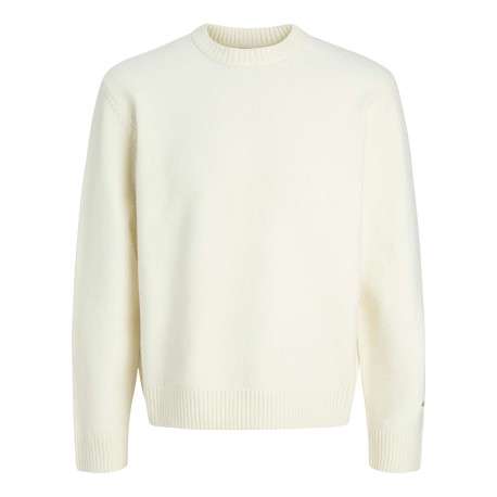 Pull écru uni en maille fine avec une coupe droite et un col rond