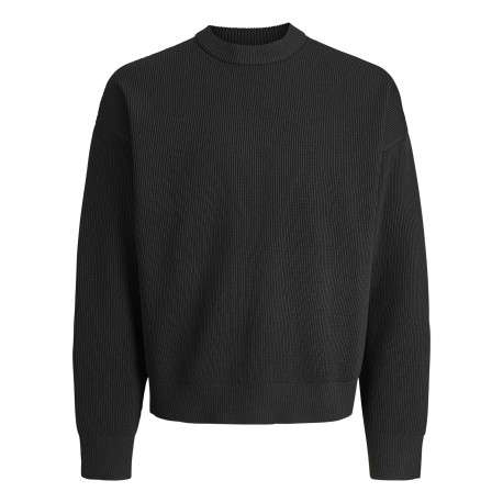 Pull noir uni en maille côtelée avec une coupe droite et un col rond
