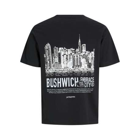 T-shirt en coton noir uni avec un imprimé urbain et un col rond - Image 2