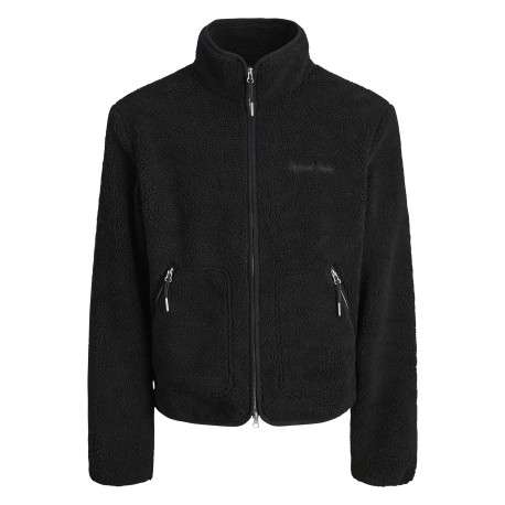 Blouson noir uni en sherpa avec une coupe droite et un col montant