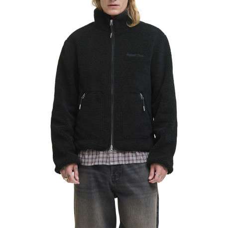 Blouson noir uni en sherpa avec une coupe droite et un col montant - Image 3