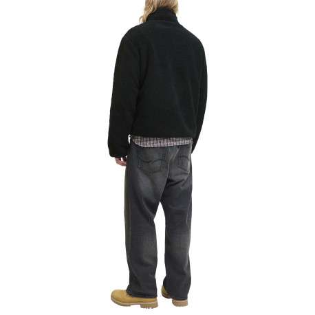 Blouson noir uni en sherpa avec une coupe droite et un col montant - Image 5