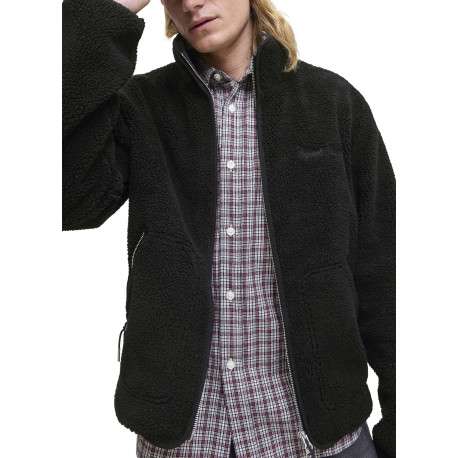 Blouson noir uni en sherpa avec une coupe droite et un col montant - Image 6