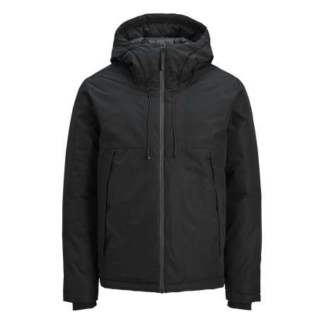 Blouson imperméable noir uni à coupe droite avec un col à capuche