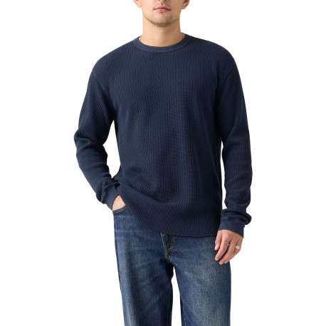 T-shirt en coton bleu marine en maille gaufrée avec un col rond