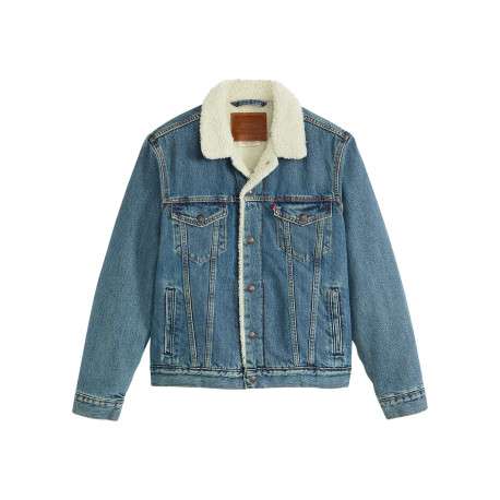 Veste en jean bleue en coton avec une coupe droite et un col à revers en sherpa