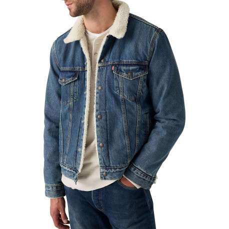 Veste en jean bleue en coton avec une coupe droite et un col à revers en sherpa - Image 2