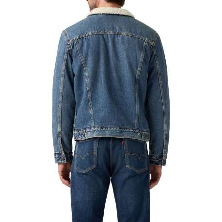 Veste en jean bleue en coton avec une coupe droite et un col à revers en sherpa - Image 3