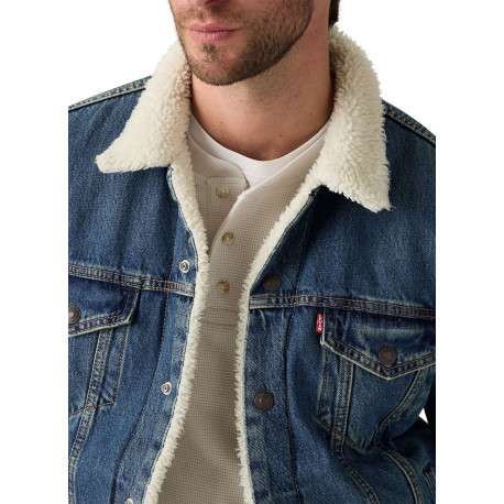 Veste en jean bleue en coton avec une coupe droite et un col à revers en sherpa - Image 4