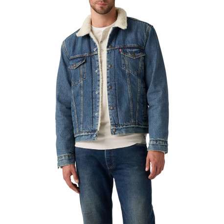 Veste en jean bleue en coton avec une coupe droite et un col à revers en sherpa - Image 5