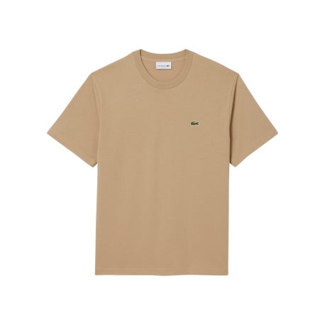 T-shirt en coton beige uni à col rond avec le petit logo brodé