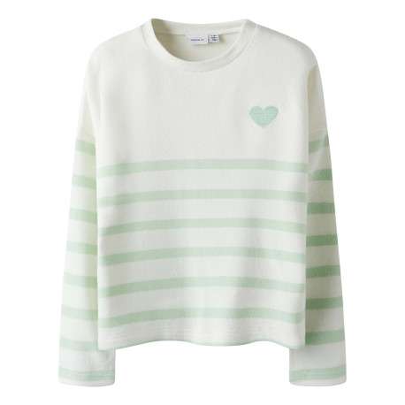 Pull vert d'eau rayé avec une coupe droite à col rond et des manches longues