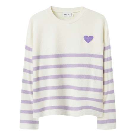 Pull lilas rayé avec un col rond et une coupe droite à manches longues