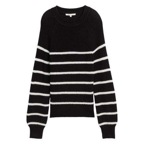 Pull noir à rayures blanches pourvu d'un col rond et de manches longues