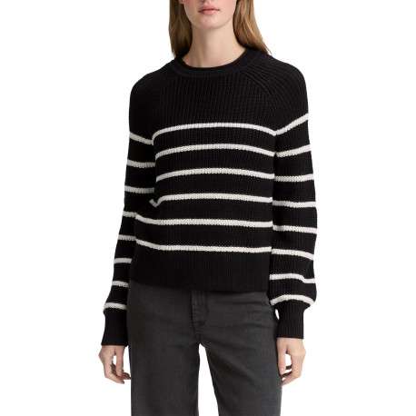Pull noir à rayures blanches pourvu d'un col rond et de manches longues - Image 2