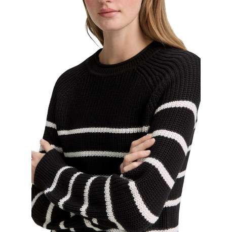 Pull noir à rayures blanches pourvu d'un col rond et de manches longues - Image 4