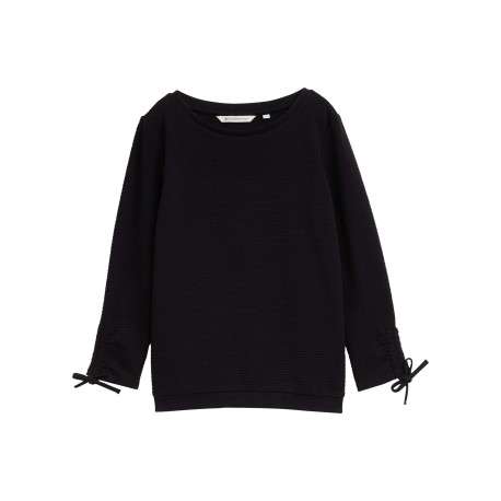 T-shirt noir uni en maille texturée avec un col rond et des manches longues