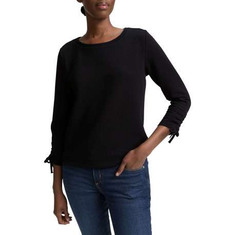 T-shirt noir uni en maille texturée avec un col rond et des manches longues - Image 2