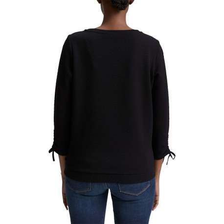 T-shirt noir uni en maille texturée avec un col rond et des manches longues - Image 3