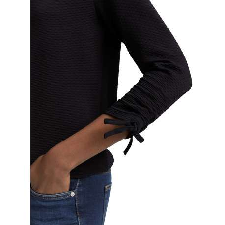 T-shirt noir uni en maille texturée avec un col rond et des manches longues - Image 4