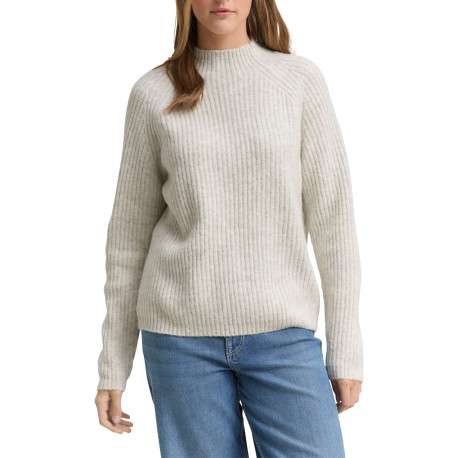 Pull beige uni côtelé avec un col rond et des manches longues - Image 2