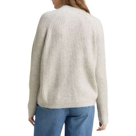 Pull beige uni côtelé avec un col rond et des manches longues - Image 3
