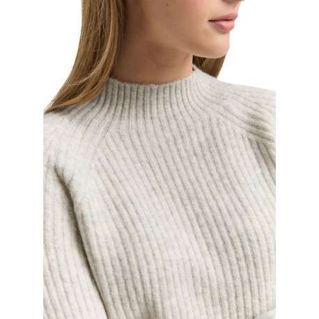 Pull beige uni côtelé avec un col rond et des manches longues - Image 4
