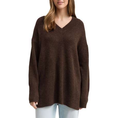 Pull brun uni en maille tricotée avec un col v et des manches longues - Image 2