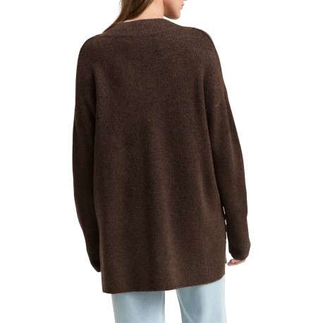 Pull brun uni en maille tricotée avec un col v et des manches longues - Image 3