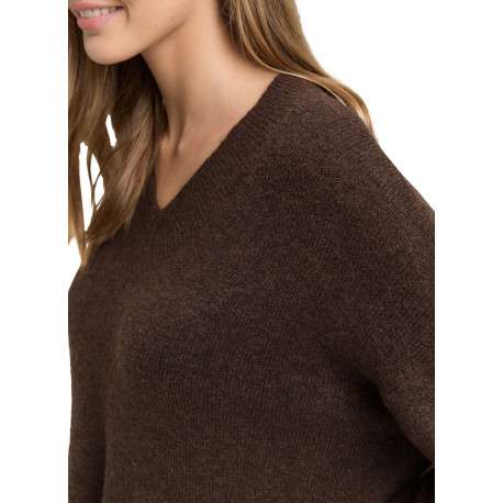 Pull brun uni en maille tricotée avec un col v et des manches longues - Image 4