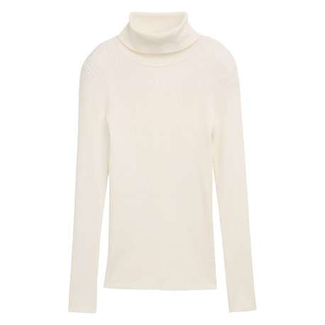 Pull écru uni avec un col roulé côtelé et des manches longues