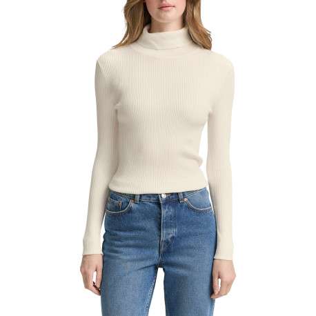 Pull écru uni avec un col roulé côtelé et des manches longues - Image 2