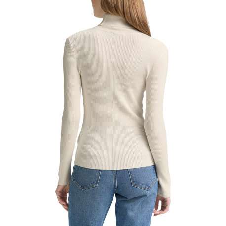 Pull écru uni avec un col roulé côtelé et des manches longues - Image 3
