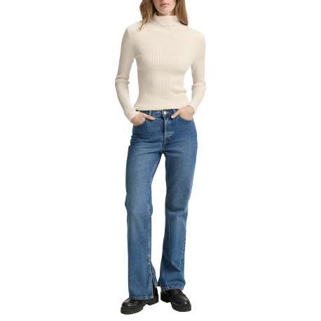 Pull écru uni avec un col roulé côtelé et des manches longues - Image 5