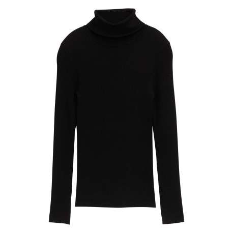 Pull noir uni avec un col roulé côtelé et des manches longues