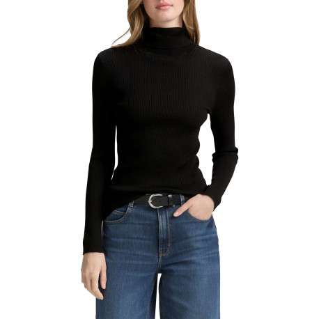 Pull noir uni avec un col roulé côtelé et des manches longues - Image 2