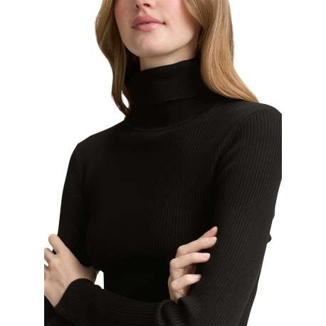 Pull noir uni avec un col roulé côtelé et des manches longues - Image 4