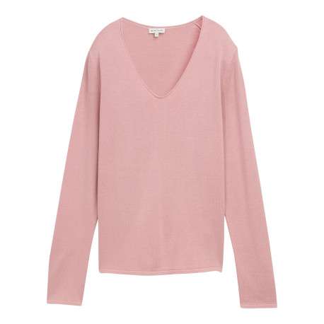 Pull tricoté en coton mélangé rose uni avec un col v arrondi