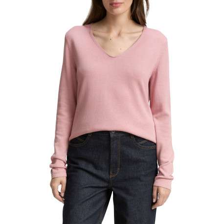 Pull tricoté en coton mélangé rose uni avec un col v arrondi - Image 2