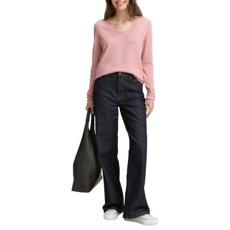Pull tricoté en coton mélangé rose uni avec un col v arrondi - Image 5