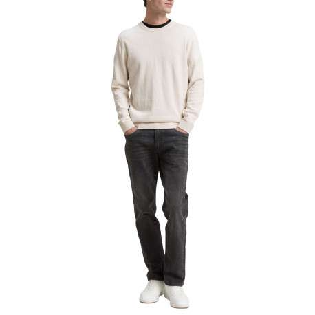 Pull en coton écru uni avec un col rond et des manches longues - Image 5