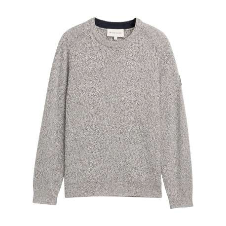 Pull en coton gris clair moucheté avec un col rond et des manches longues