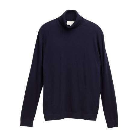Pull en coton marine uni avec un col roulé et des manches longues
