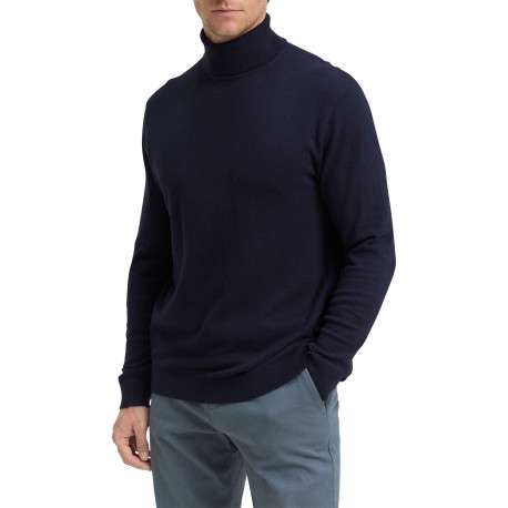 Pull en coton marine uni avec un col roulé et des manches longues - Image 2