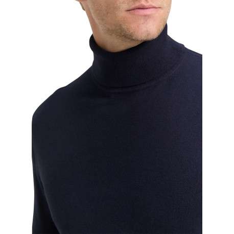Pull en coton marine uni avec un col roulé et des manches longues - Image 4