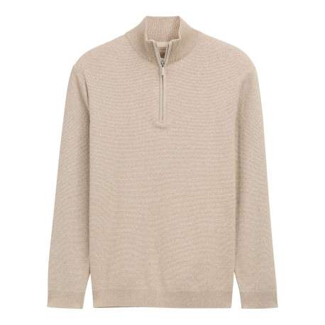 Pull en coton beige uni avec un col camionneur et des manches longues