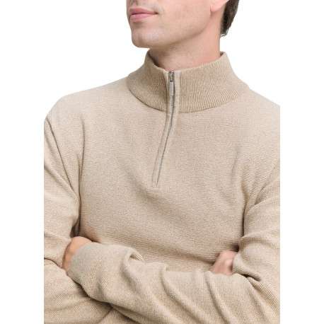 Pull en coton beige uni avec un col camionneur et des manches longues - Image 4