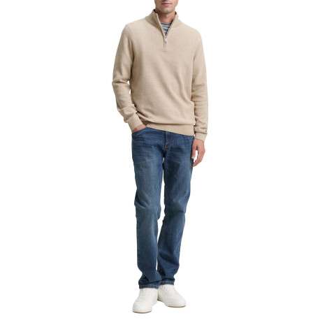 Pull en coton beige uni avec un col camionneur et des manches longues - Image 5
