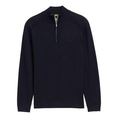 Pull en coton marine uni avec un col camionneur côtelé à zip - Image 3